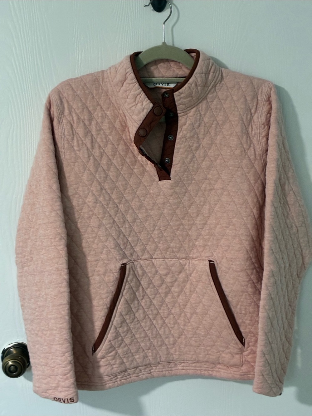 Orvis Quilted Pullover in Blush Pink with Brown Trim